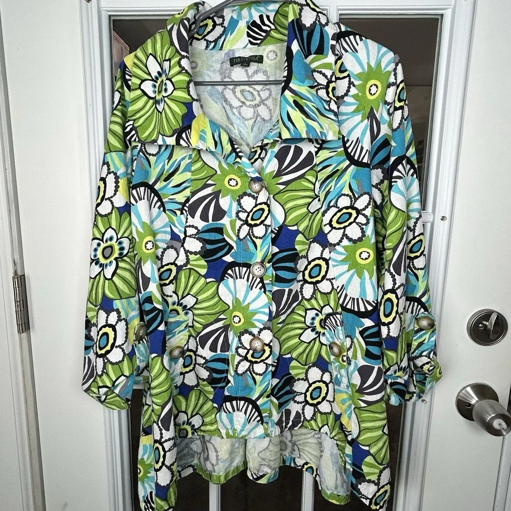 For Cynthia Linen Blend Floral Print Button Down Top Roll Tab Cuff Tunic Size L‎